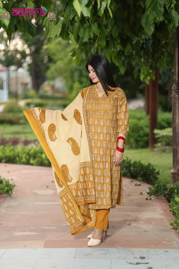 Yellow_Hand_Work_Angrakha_Long_Anarkali_3_Pcs_Kurti_Set_For_Women