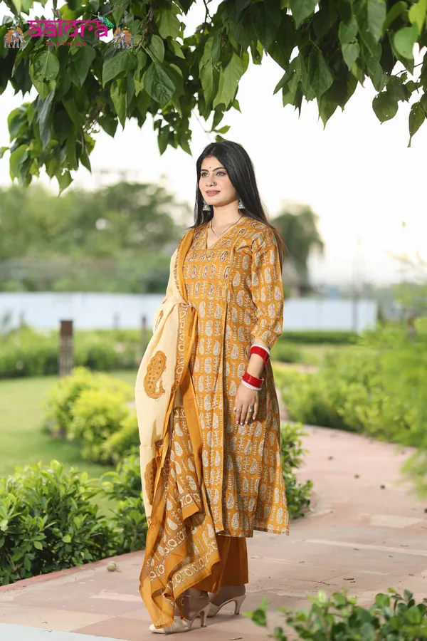 Yellow_Hand_Work_Angrakha_Long_Anarkali_3_Pcs_Kurti_Set_For_Women