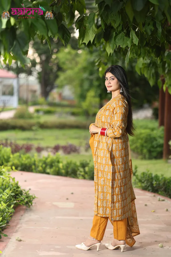 Yellow_Hand_Work_Angrakha_Long_Anarkali_3_Pcs_Kurti_Set_For_Women