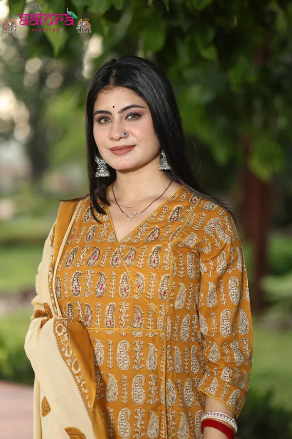 Yellow_Hand_Work_Angrakha_Long_Anarkali_3_Pcs_Kurti_Set_For_Women