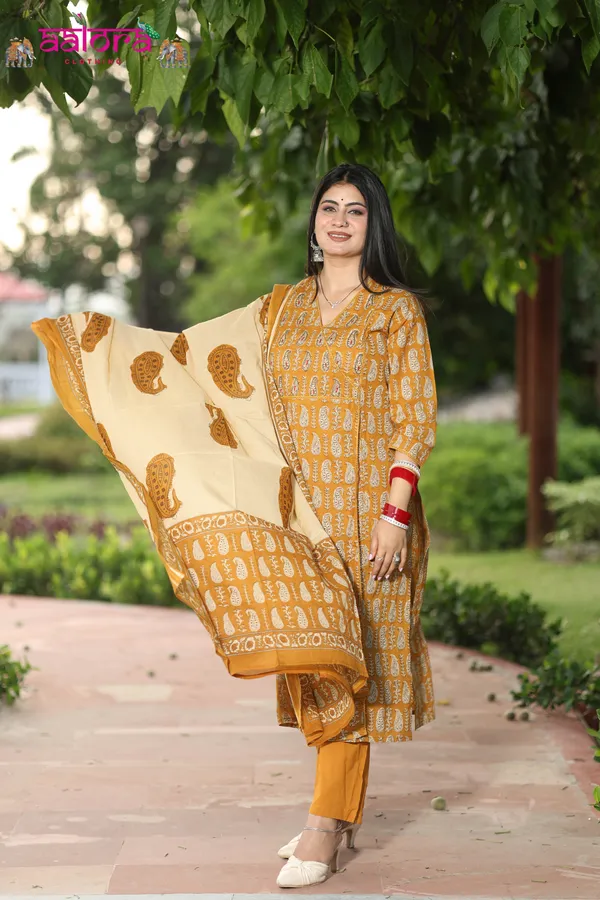 Yellow_Hand_Work_Angrakha_Long_Anarkali_3_Pcs_Kurti_Set_For_Women