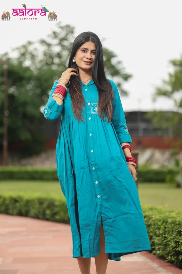 Teal_Blue_Khadi_Cotton_Embroidered_Designer_Dress_For_Women