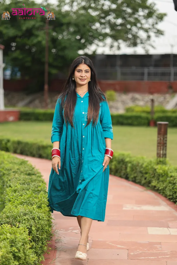Teal_Blue_Khadi_Cotton_Embroidered_Designer_Dress_For_Women