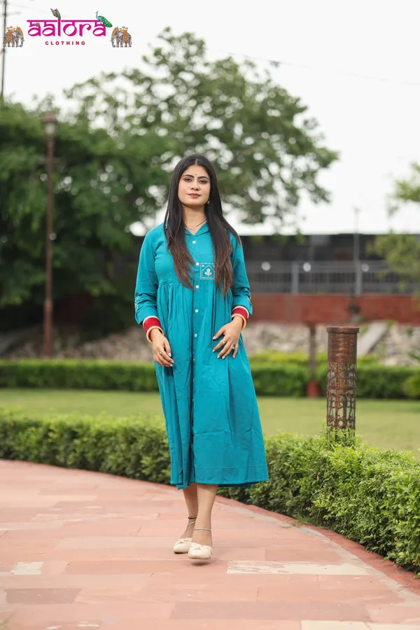 Teal_Blue_Khadi_Cotton_Embroidered_Designer_Dress_For_Women