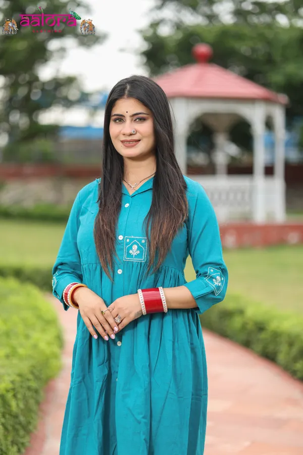 Teal_Blue_Khadi_Cotton_Embroidered_Designer_Dress_For_Women