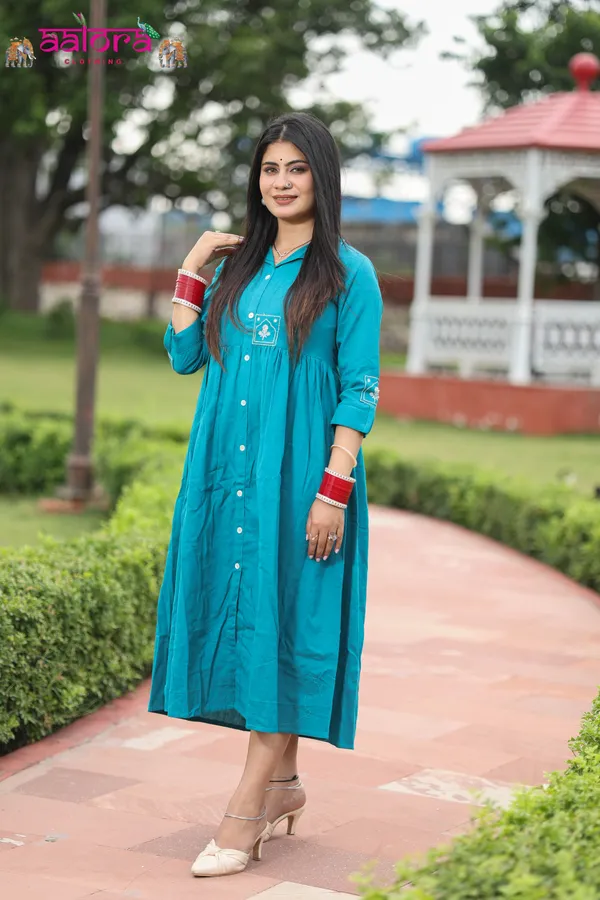 Teal_Blue_Khadi_Cotton_Embroidered_Designer_Dress_For_Women