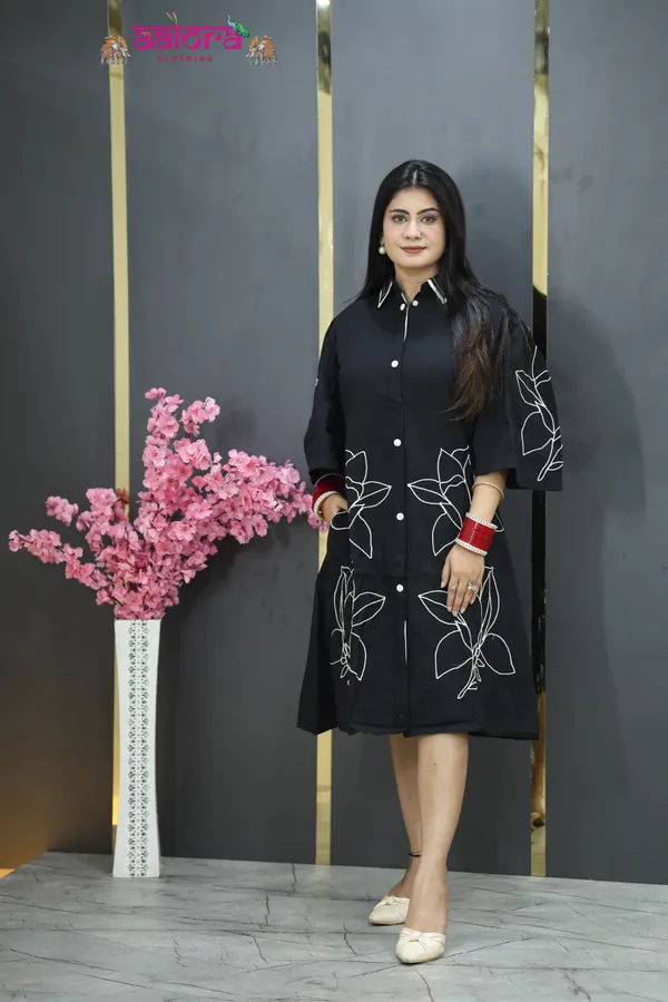 Black_Khadi_Cotton_Thread_Work_Double_Collar_Dress_For_Women