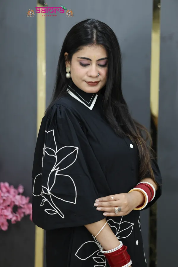 Black_Khadi_Cotton_Thread_Work_Double_Collar_Dress_For_Women