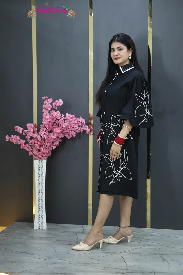 Black_Khadi_Cotton_Thread_Work_Double_Collar_Dress_For_Women