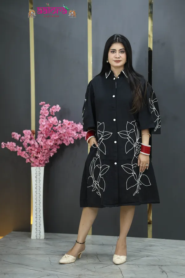 Black_Khadi_Cotton_Thread_Work_Double_Collar_Dress_For_Women