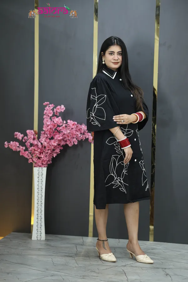 Black_Khadi_Cotton_Thread_Work_Double_Collar_Dress_For_Women