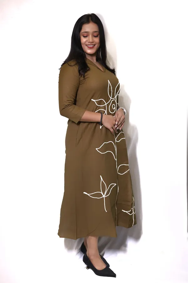 Khaki_Green_Long_Thread_Work_Designer_Dress_For_Women