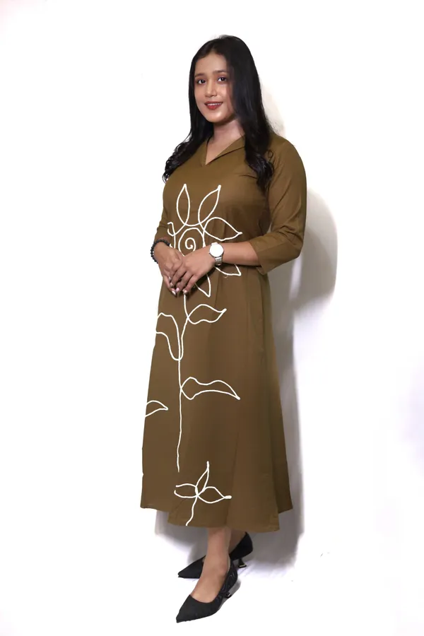 Khaki_Green_Long_Thread_Work_Designer_Dress_For_Women