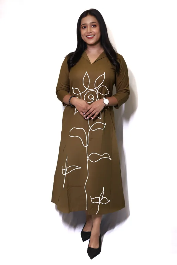 Khaki_Green_Long_Thread_Work_Designer_Dress_For_Women