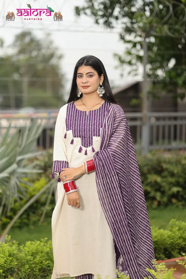 White_&_Purple_Patchwork_Sleeve_Work_Black_&_White_3_Pcs_Kurti_Set_For_Women