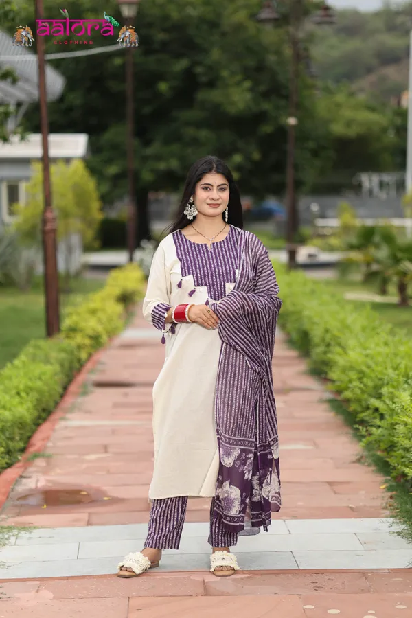 White_&_Purple_Patchwork_Sleeve_Work_Black_&_White_3_Pcs_Kurti_Set_For_Women