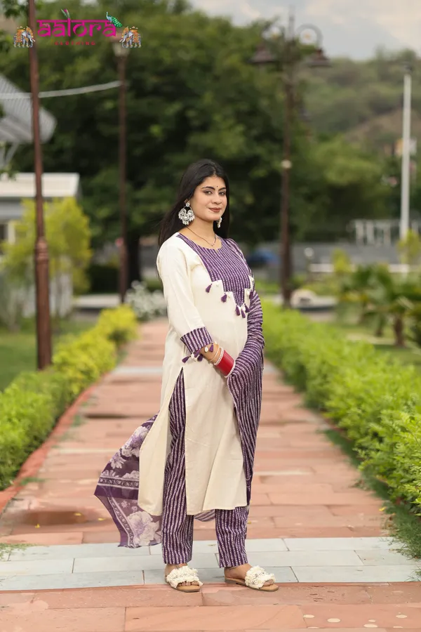 White_&_Purple_Patchwork_Sleeve_Work_Black_&_White_3_Pcs_Kurti_Set_For_Women