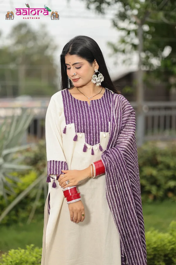 White_&_Purple_Patchwork_Sleeve_Work_Black_&_White_3_Pcs_Kurti_Set_For_Women