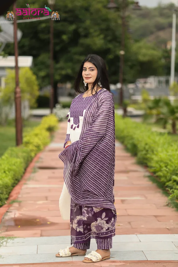White_&_Purple_Patchwork_Sleeve_Work_Black_&_White_3_Pcs_Kurti_Set_For_Women