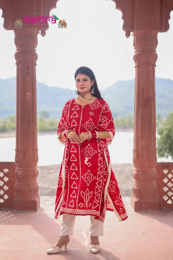 Red_Rayon_Cotton_Bandhej_Print_Kaftan_Dress_For_Women