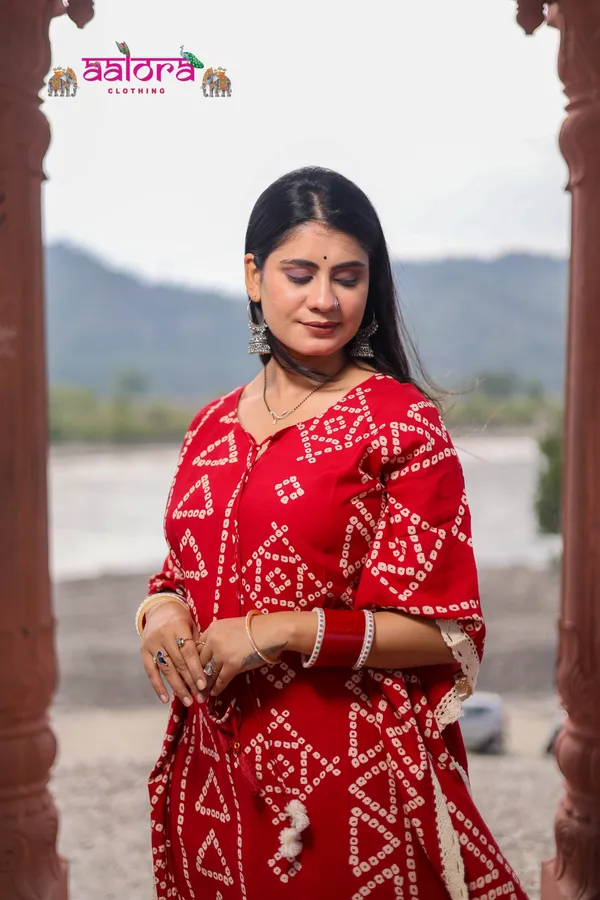 Red_Rayon_Cotton_Bandhej_Print_Kaftan_Dress_For_Women
