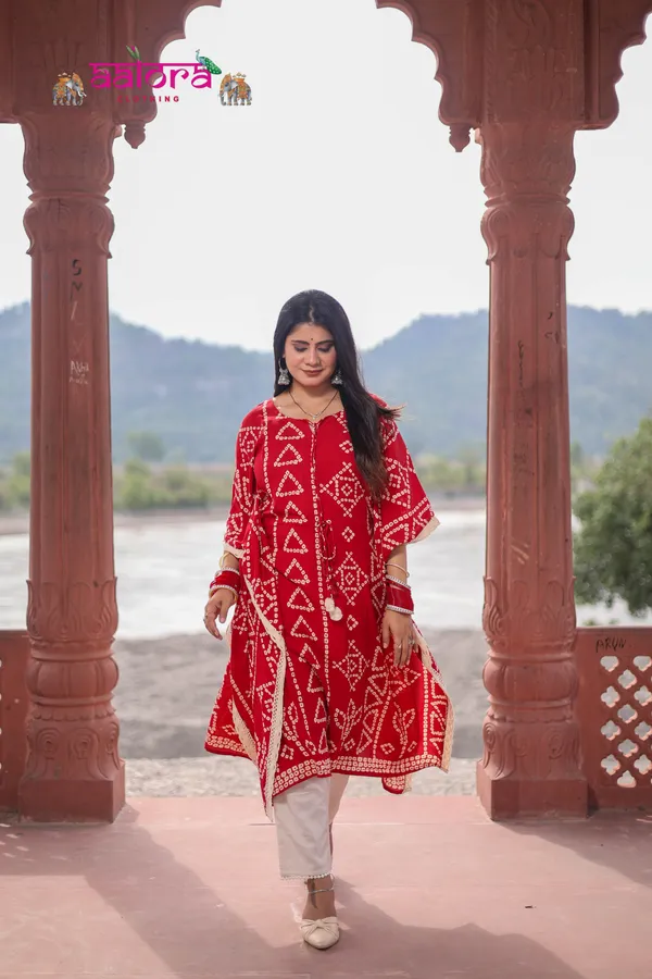 Red_Rayon_Cotton_Bandhej_Print_Kaftan_Dress_For_Women