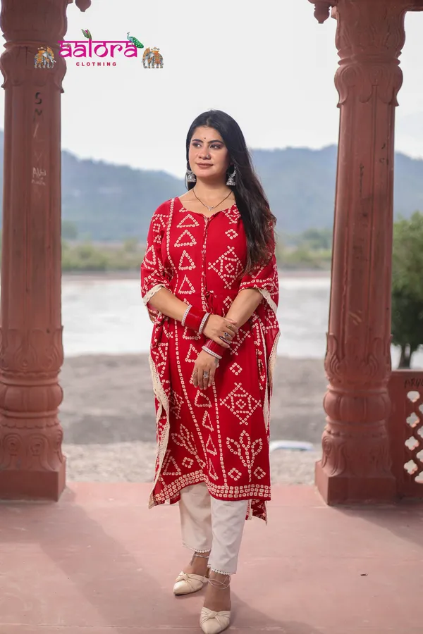 Red_Rayon_Cotton_Bandhej_Print_Kaftan_Dress_For_Women