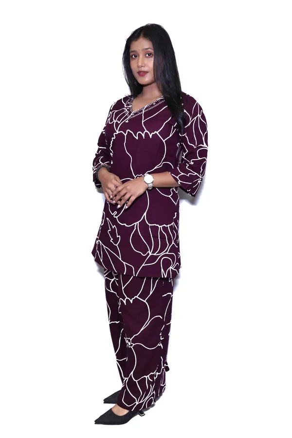 Wine__Rayon_Cotton_Short_Printed_Co-Ord_Set_For_Women