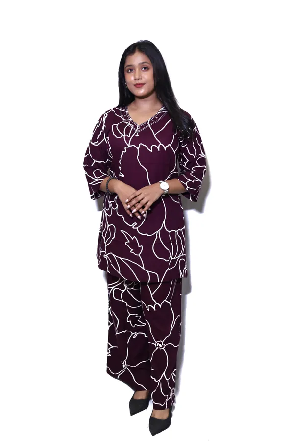 Wine__Rayon_Cotton_Short_Printed_Co-Ord_Set_For_Women