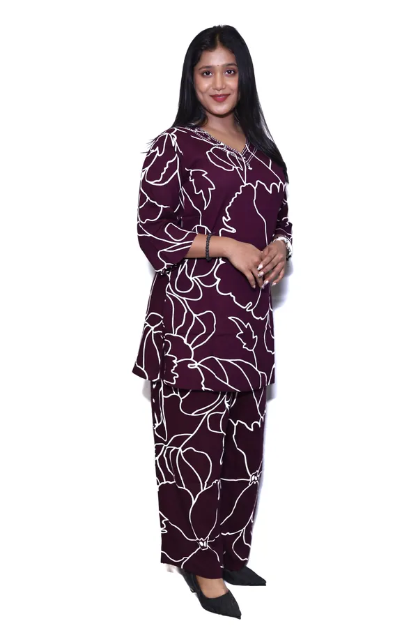 Wine__Rayon_Cotton_Short_Printed_Co-Ord_Set_For_Women