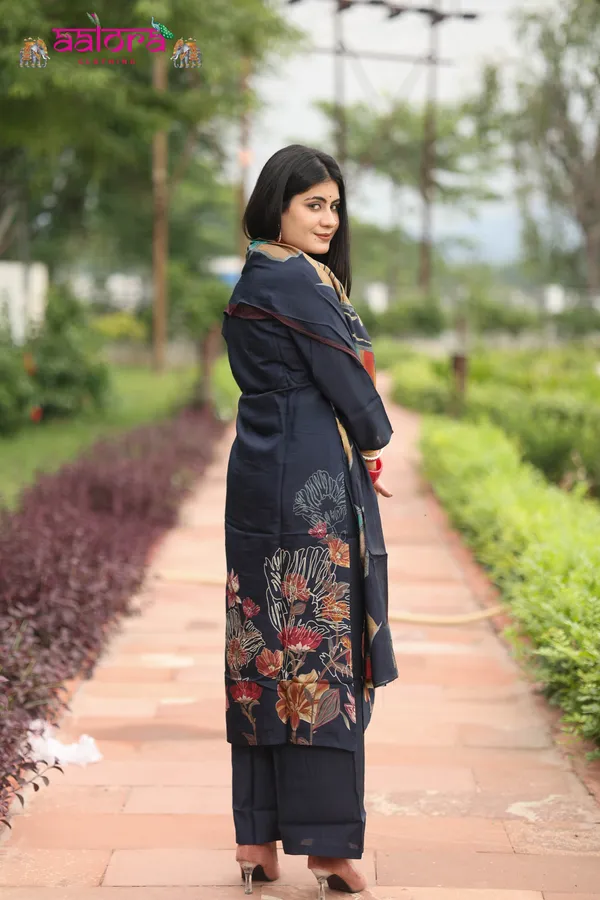 Navy_Blue_Muslin_Cotton_Digital_Print_Katha_Neck_Work_3_Pcs_Kurti_Set_For_Women