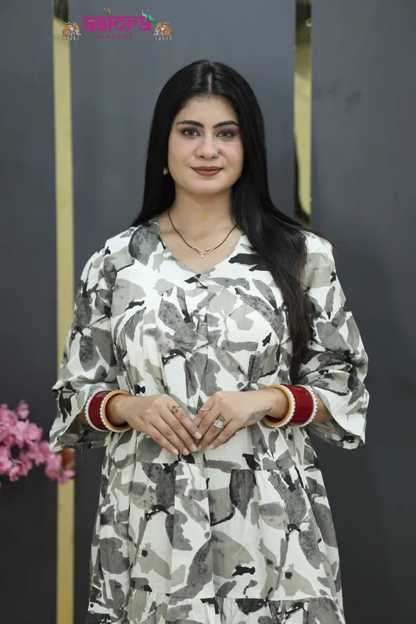 White_&_Grey_Khadi_Cotton_Printed_Flair_Dress_For_Women