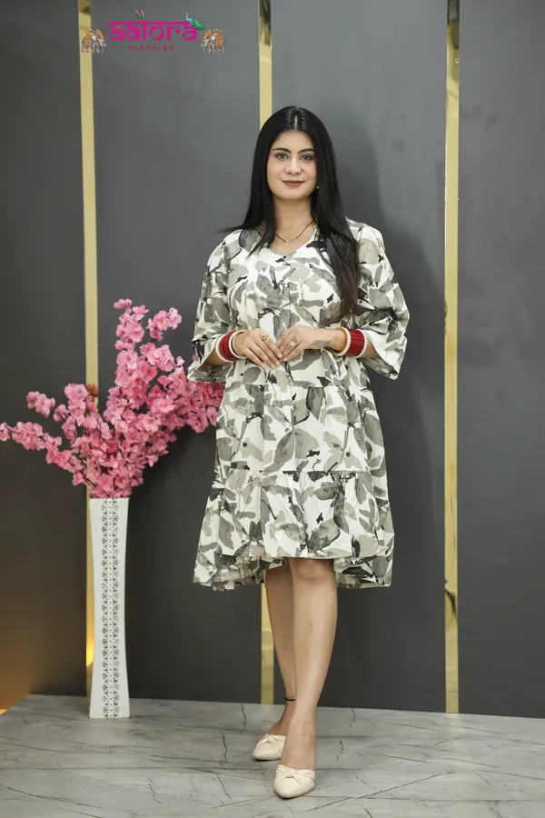 White_&_Grey_Khadi_Cotton_Printed_Flair_Dress_For_Women