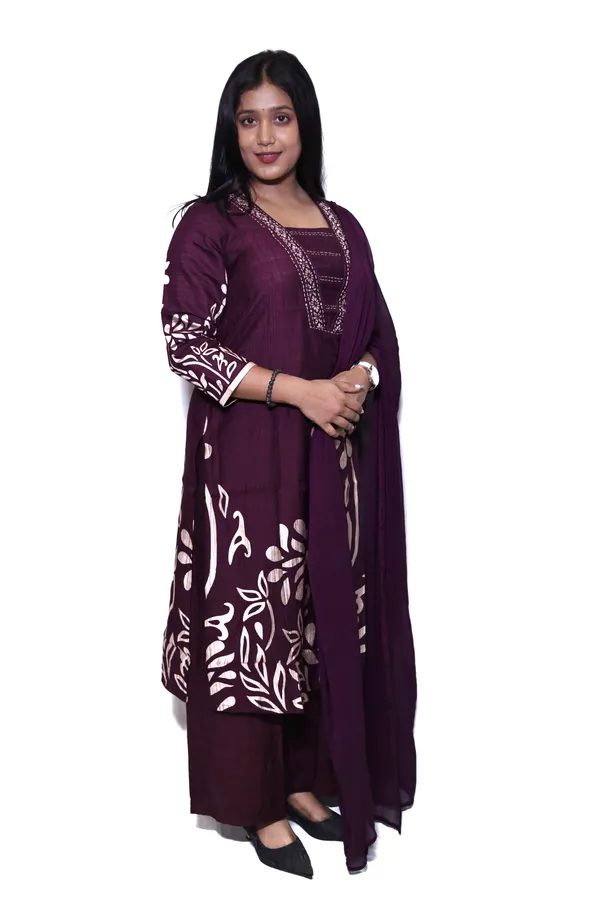Wine_Cambric_Cotton_Digital_Print_3_pcs_Kurti_Set_for_Women