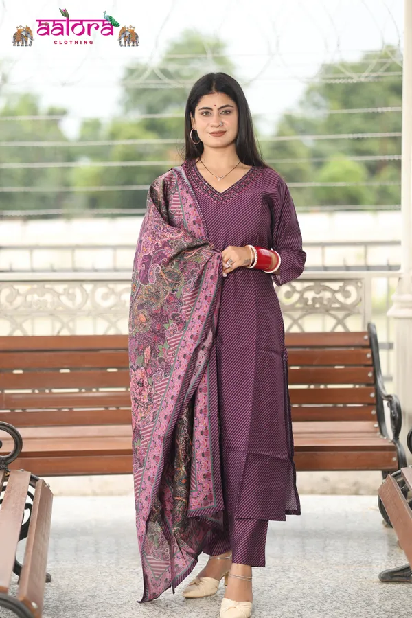 Wine_Muslin_Cotton_Digital_Print_Katha_Neck_Work_3_Pcs_Kurti_Set_For_Women
