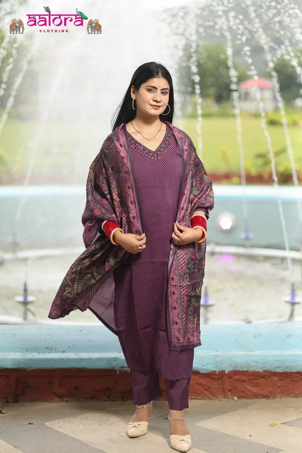 Wine_Muslin_Cotton_Digital_Print_Katha_Neck_Work_3_Pcs_Kurti_Set_For_Women