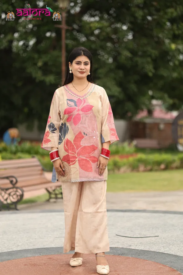 Beige_Khadi_Cotton_Digital_Print_Thread_Neck_Work_Co-Ord_Set_For_Women