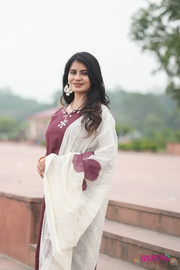 Wine_Mirror_Work_Dupatta_Printed_Beeding_Work_3_Pcs_Kurti_Set_For_Women