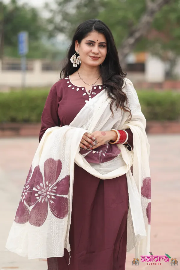 Wine_Mirror_Work_Dupatta_Printed_Beeding_Work_3_Pcs_Kurti_Set_For_Women