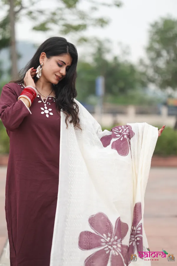 Wine_Mirror_Work_Dupatta_Printed_Beeding_Work_3_Pcs_Kurti_Set_For_Women