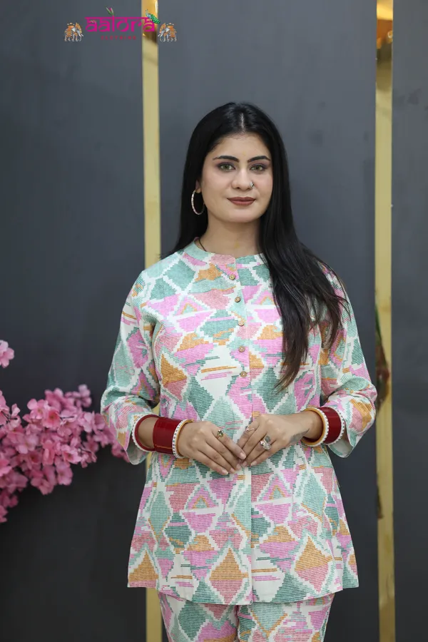 Multicolor_Khadi_Cotton_Digital_Print_Standing_Collar_Co-Ord_Set_For_Women