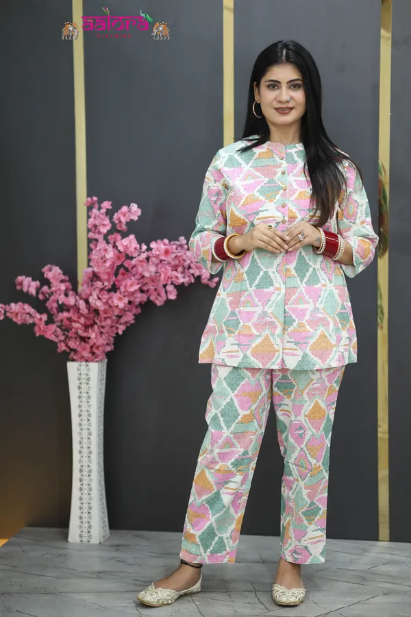 Multicolor_Khadi_Cotton_Digital_Print_Standing_Collar_Co-Ord_Set_For_Women