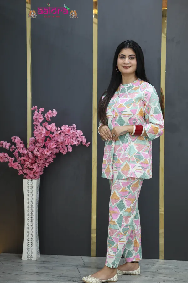 Multicolor_Khadi_Cotton_Digital_Print_Standing_Collar_Co-Ord_Set_For_Women