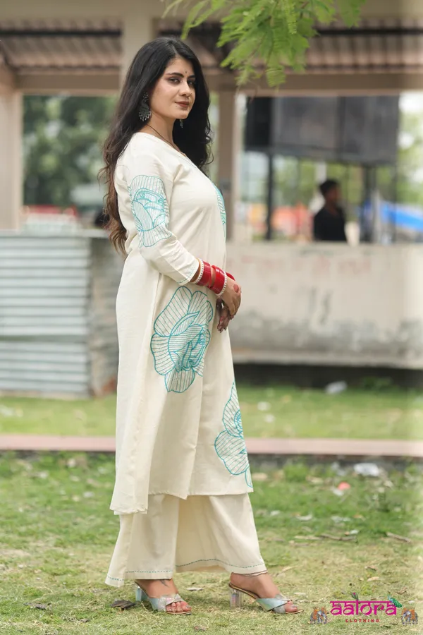 White_&_Sky_Blue_Khadi_Cotton_Thread_Work_Long_Co-Ord_Set_For_Women