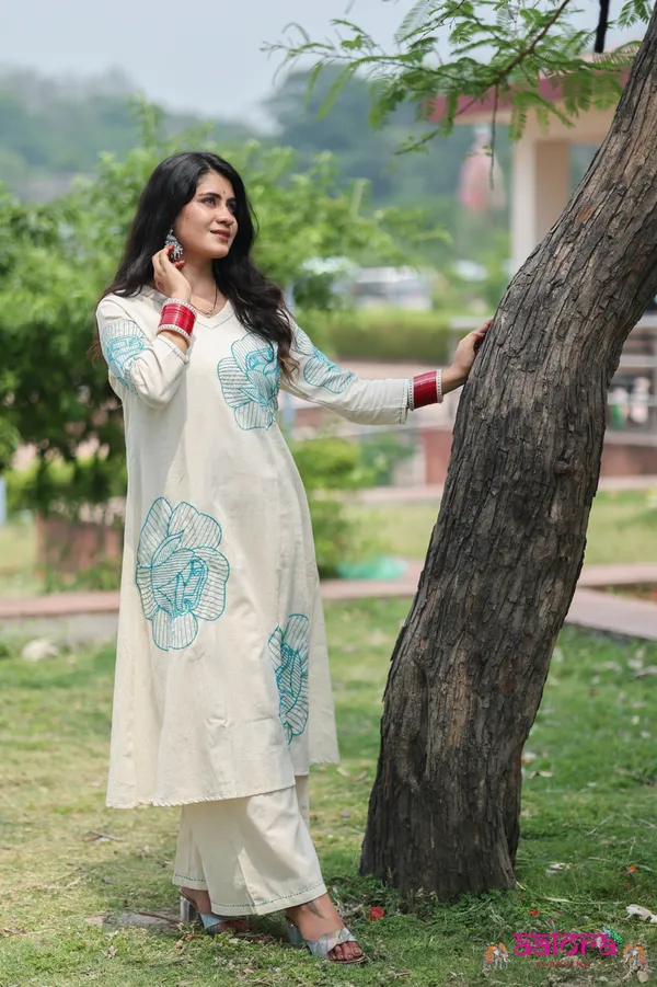 White_&_Sky_Blue_Khadi_Cotton_Thread_Work_Long_Co-Ord_Set_For_Women