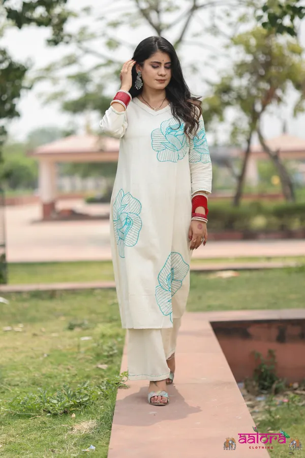 White_&_Sky_Blue_Khadi_Cotton_Thread_Work_Long_Co-Ord_Set_For_Women