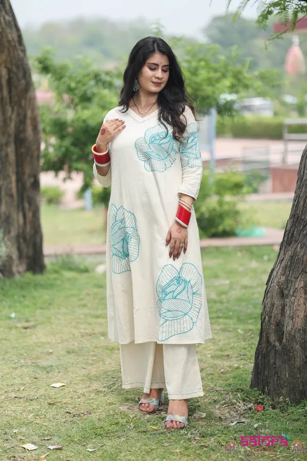 White_&_Sky_Blue_Khadi_Cotton_Thread_Work_Long_Co-Ord_Set_For_Women