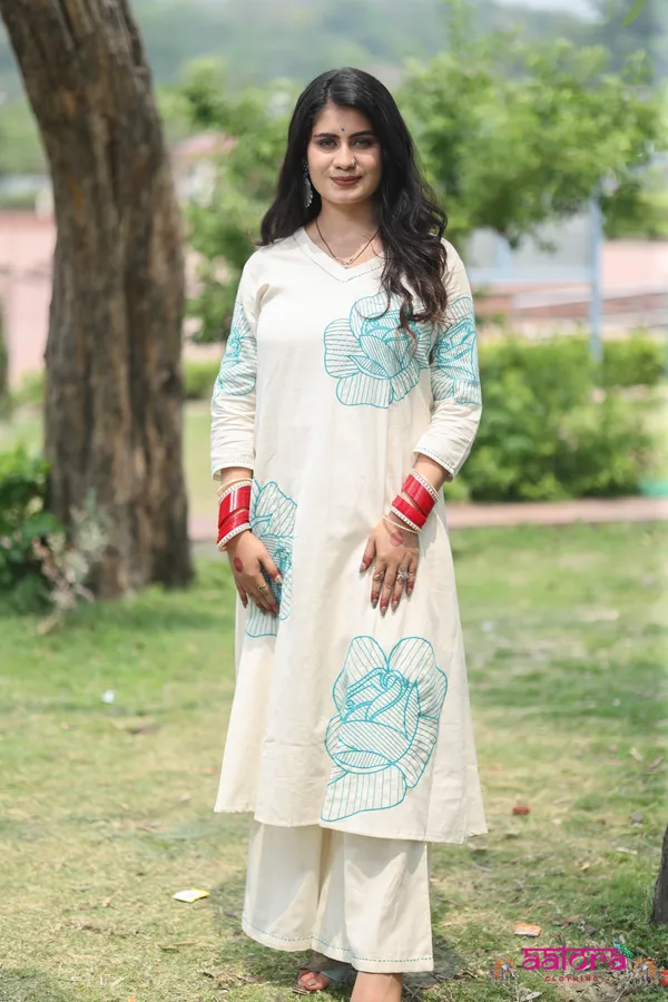White_&_Sky_Blue_Khadi_Cotton_Thread_Work_Long_Co-Ord_Set_For_Women
