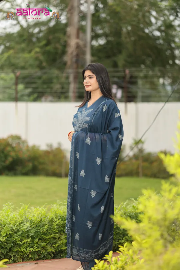 Navy_Blue_Digital_Print__Cambric_Cotton_Printed_Dupatta_3_Pcs_Kurti_Set_For_Women