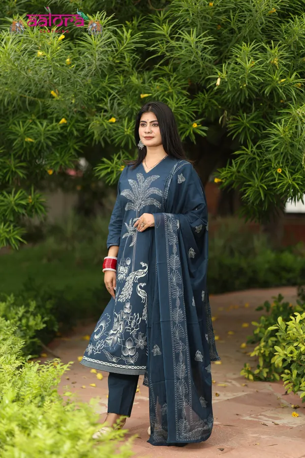 Navy_Blue_Digital_Print__Cambric_Cotton_Printed_Dupatta_3_Pcs_Kurti_Set_For_Women